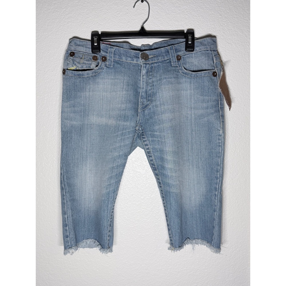 True Religion Denim Capris Light Wash Frayed Hem Size 30 Made in USA